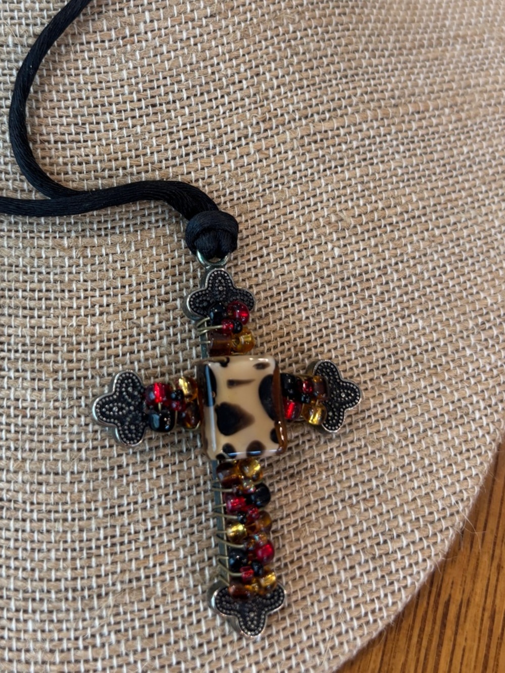 Beaded Cross Pendant Necklace with Leopard Accent